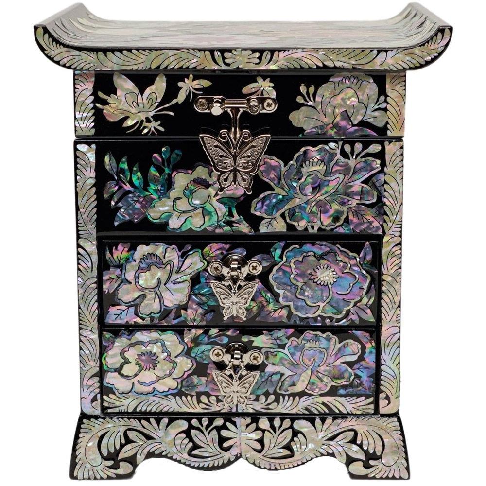 Floral Mother of Pearl Jewelry Box with Butterfly Accents